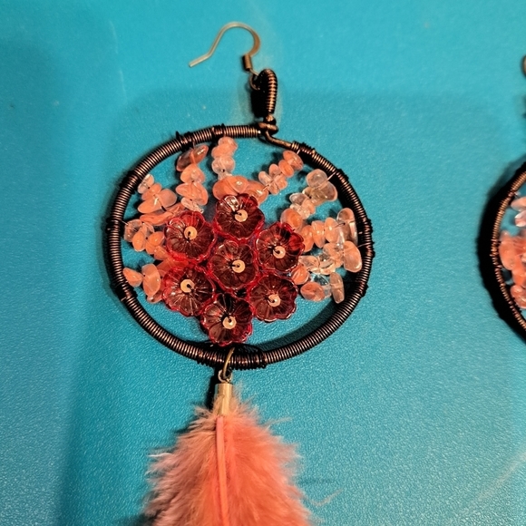 Handcrafted Pink Feathered and Beaded Pierced Hook Earrings - Picture 4 of 6
